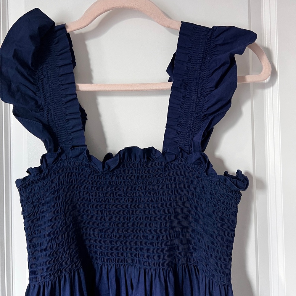 Hill House The Nap Dress - Smocked Ruffle Sleeve Midi Dress - Navy - Picture 5 of 11